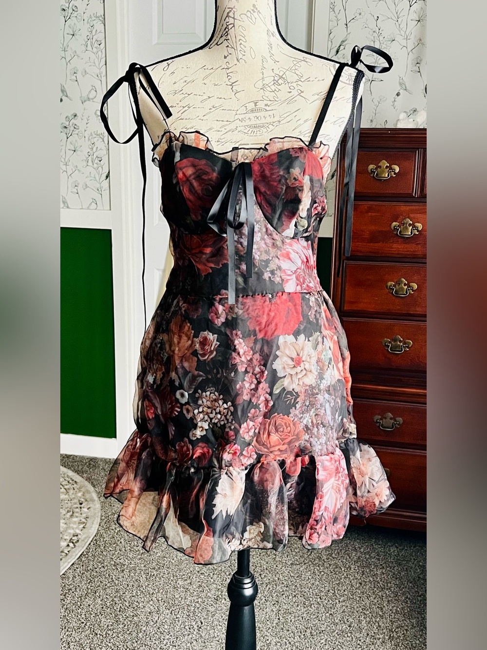SHEIN Black Floral Ruffle Mini Dress with Red & Pink Blooms
